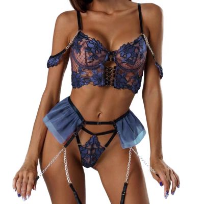 Three-Piece Pearl Mesh Print Lingerie Set (a-Blue, M)