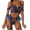 Three-Piece Pearl Mesh Print Lingerie Set (a-Blue, M) view 1