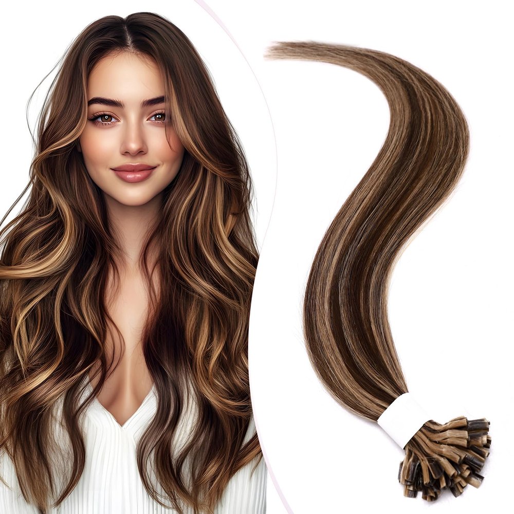 Elailite Balayage Human Hair U-Tip Keratin Extensions, Straight, 25 Strands, 20 g, 35 cm, #4P27 Medium Brown/Honey Blonde