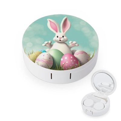 BVKWNTSA Portable Round Happy Easter Eggs Bunny Tail1 Printed Contact Lens Case