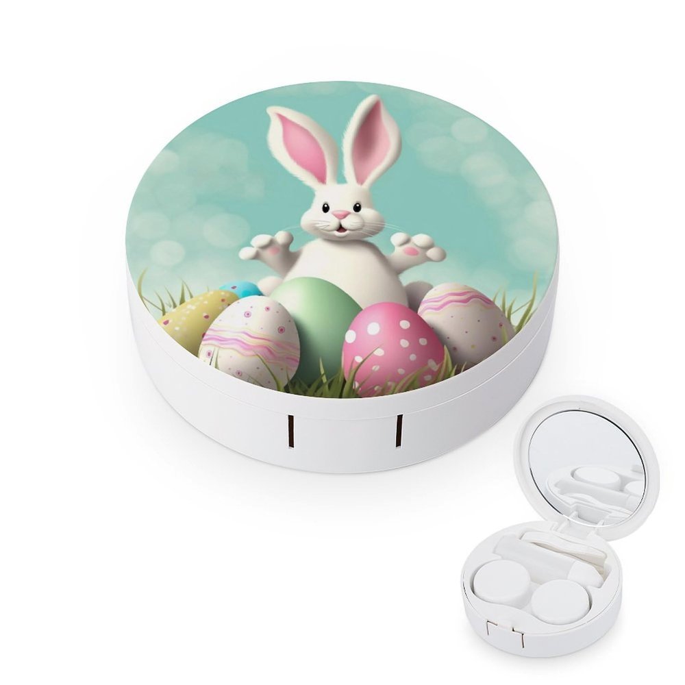 BVKWNTSA Portable Round Happy Easter Eggs Bunny Tail1 Printed Contact Lens Case