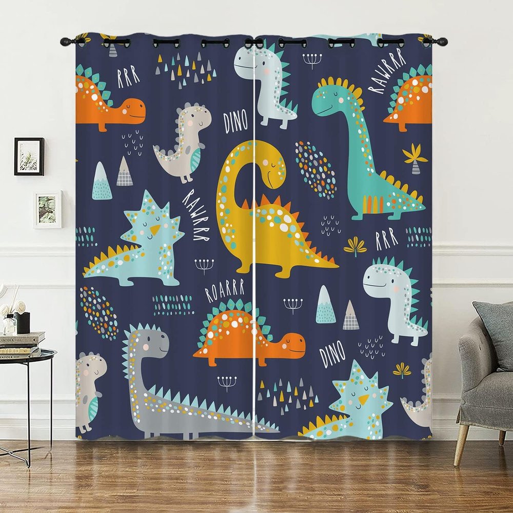 Blackout Curtains with Cartoon Dinosaur Print, 29.5 W x 65 L in, 2 Panels