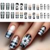 Square Press-On Nails with White Flowers, Checkerboard Pattern and French Tips, 24 Pieces view 2