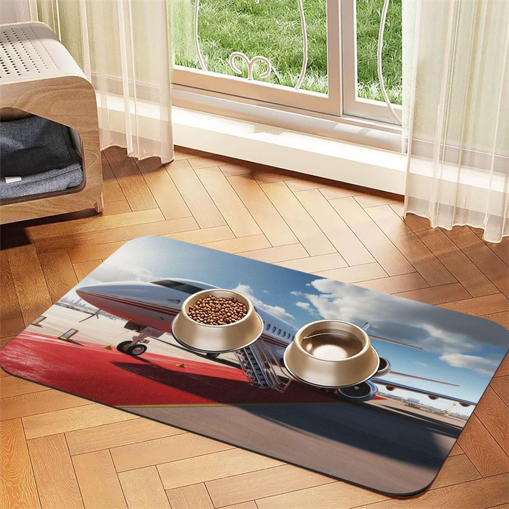 Non-Slip Absorbent Feeding Mat for Dog and Cat Bowls, Red Carpet Airplane, 30 x 45 cm