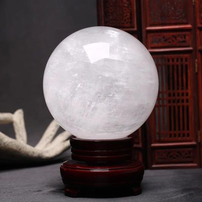 NHDVDVAV White Calcite Quartz Sphere with Wooden Base, 8 cm/3.14 in