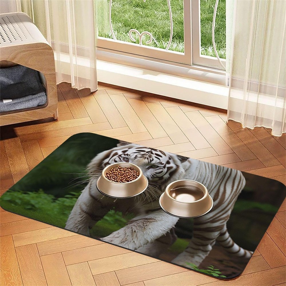 Majestic White Bengal Tiger Pet Food Mat, Non-Slip and Absorbent, 40 x 60 cm