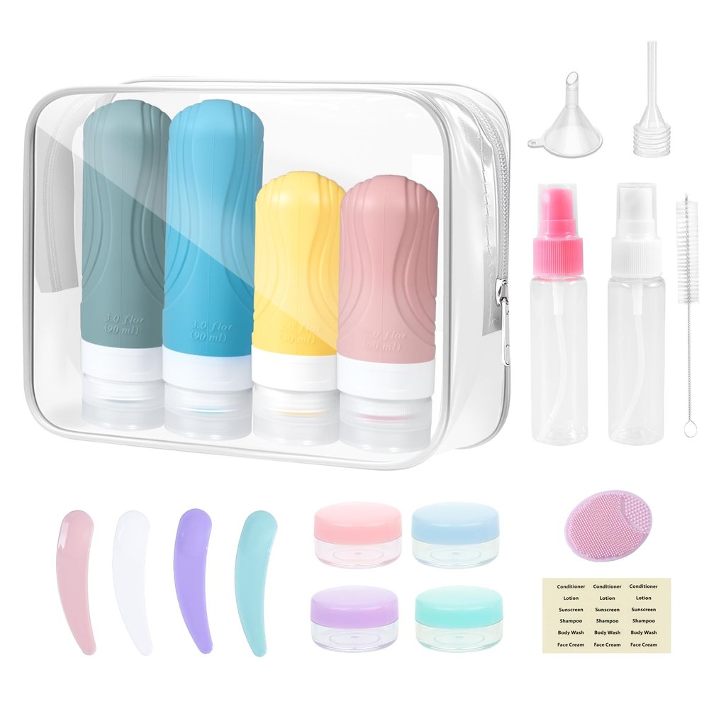Carehabi 20-Piece Travel Bottles Set, Silicone Bottles and Jars for Shampoo, Shower Gel and Cosmetics