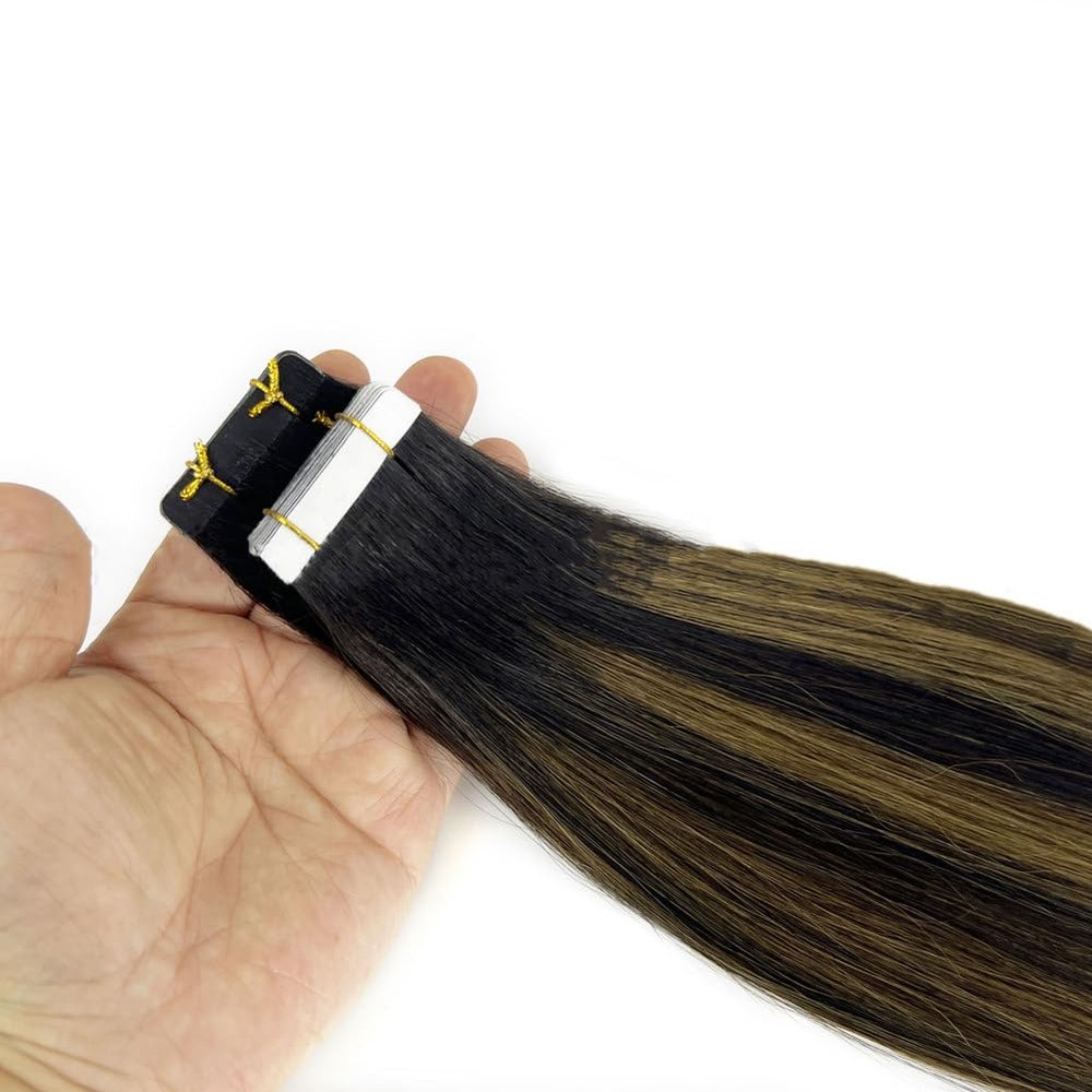 FUIBEJAE Tape-In Remy Human Hair Extensions, Brown/Black, 24 in, 100 g