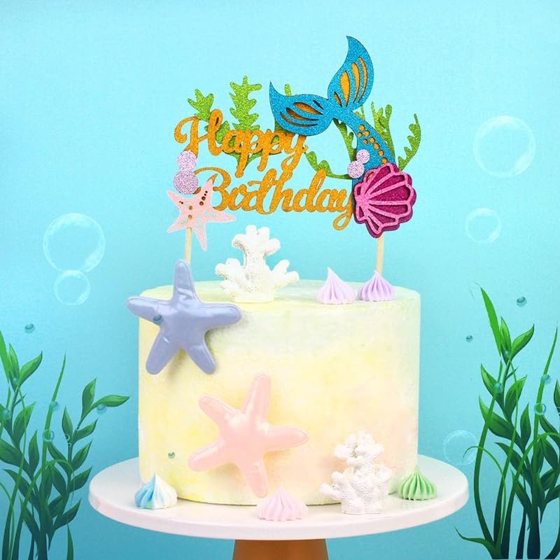 Glitter Mermaid Happy Birthday Cake Topper, Ocean Theme