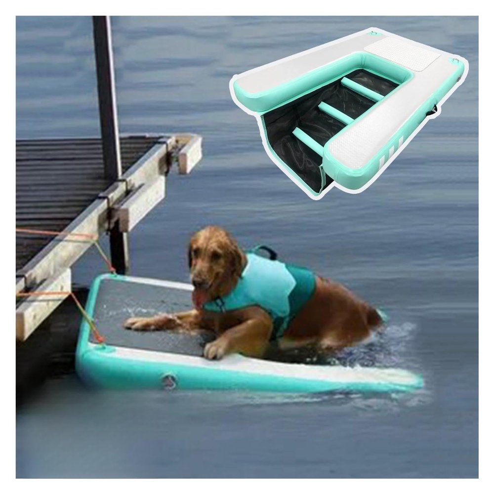 Inflatable Dog Water Ramp and Boat Ladder with Non-Slip EVA Platform, Green