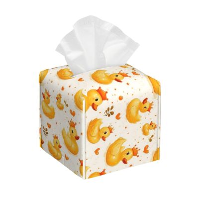 Square Leather Tissue Box Cover with Crown and Cute Duck Pattern