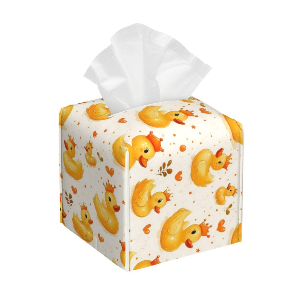 Square Leather Tissue Box Cover with Crown and Cute Duck Pattern
