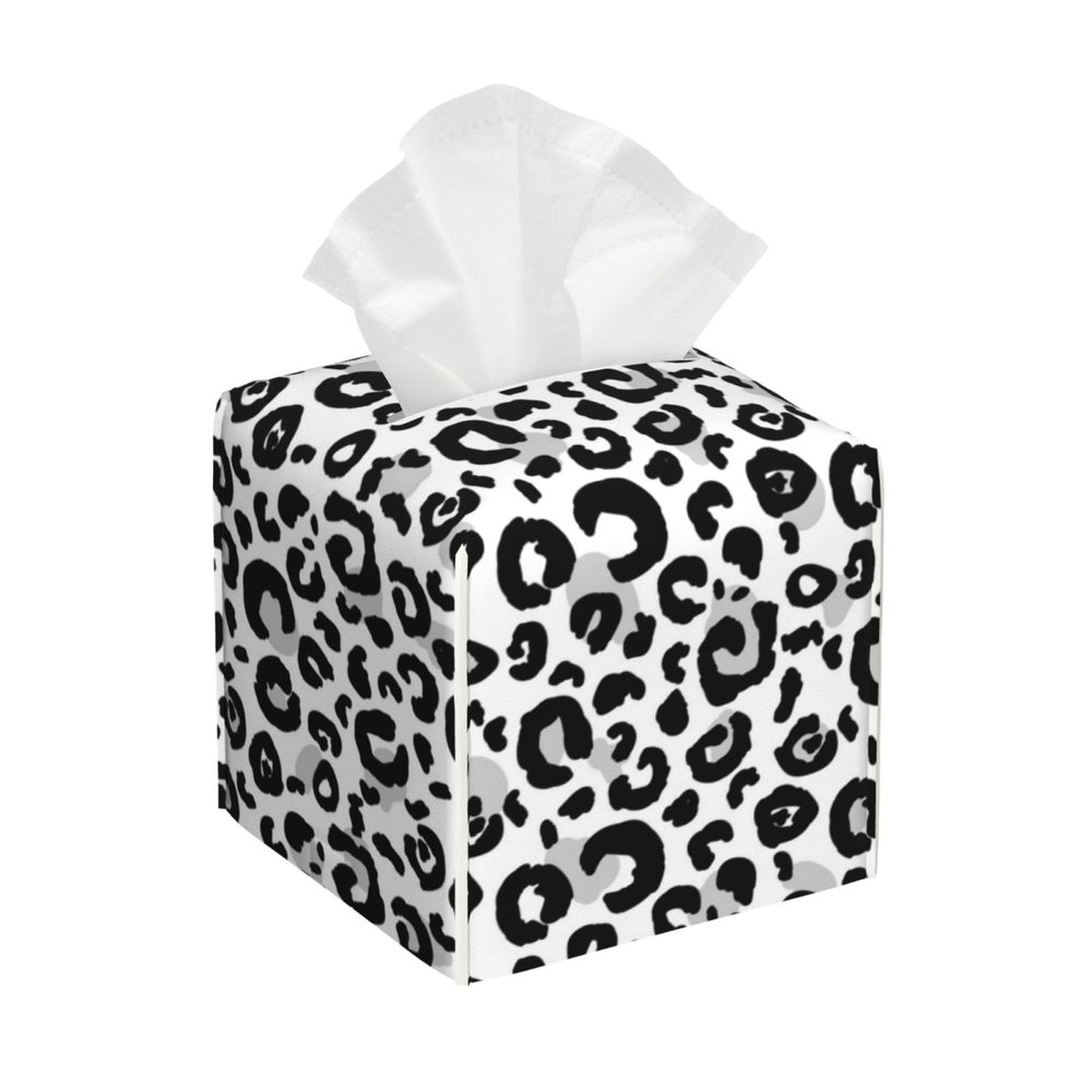 Square Leather Tissue Box Cover, Black and Gray Leopard Print