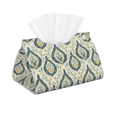 Leather Tissue Box Cover with Green Retro Pattern