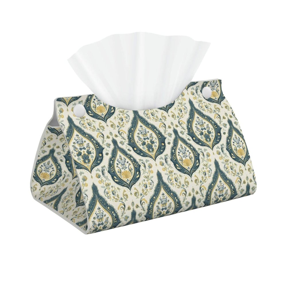 Leather Tissue Box Cover with Green Retro Pattern