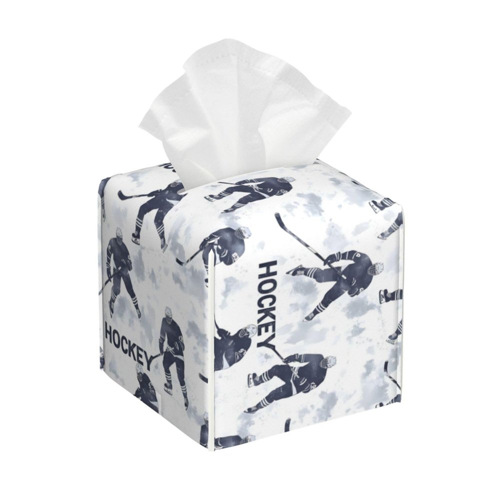 Square Leather Tissue Box Cover, Modern Hockey Sports Print