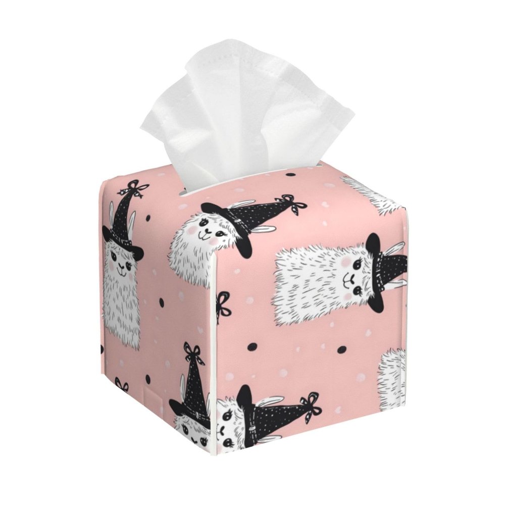 Square PVC Leather Tissue Box Cover with Cute Alpaca Witch Print