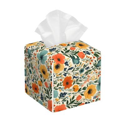 Square Leather Tissue Box Cover with Colorful Floral Pattern