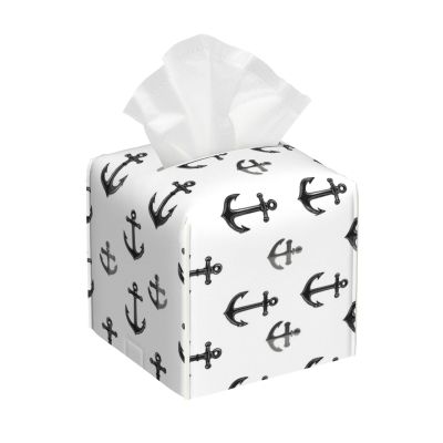 Square Leather Tissue Box Cover with Black Anchor Print