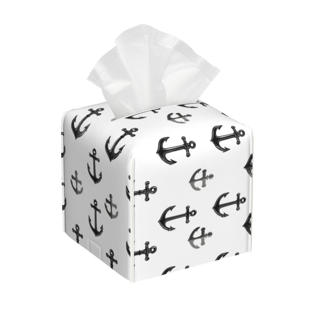 Square Leather Tissue Box Cover with Black Anchor Print