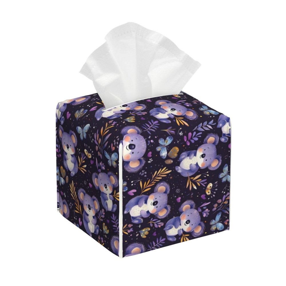 Square PVC Leather Tissue Box with Purple Koala Floral Print