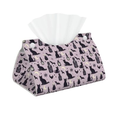 Leather Tissue Box Cover with Halloween Black Cat Print