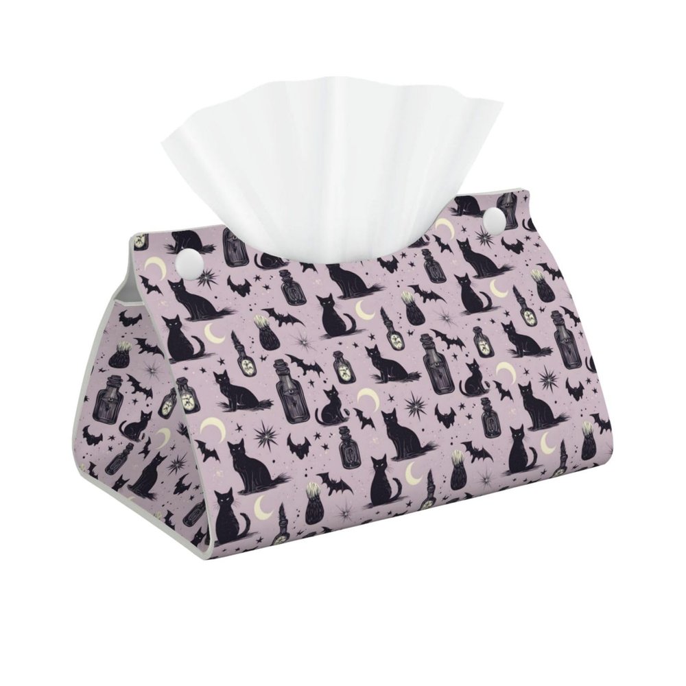 Leather Tissue Box Cover with Halloween Black Cat Print