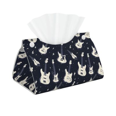 Leather Tissue Box Cover with Guitar Lightning White Print
