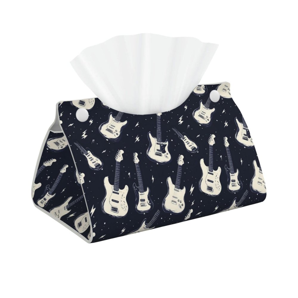 Leather Tissue Box Cover with Guitar Lightning White Print