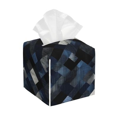 Square PVC Leather Tissue Box Cover, Abstract Navy Blue Plaid, Organizer Dispenser for Home and Office