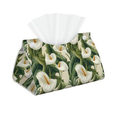 Leather Tissue Box Cover - Bright Calla White Print