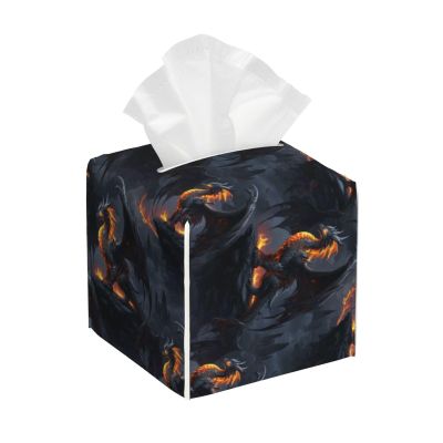 Square PVC Leather Tissue Box, Cool Fire Mountain Dragon A Print