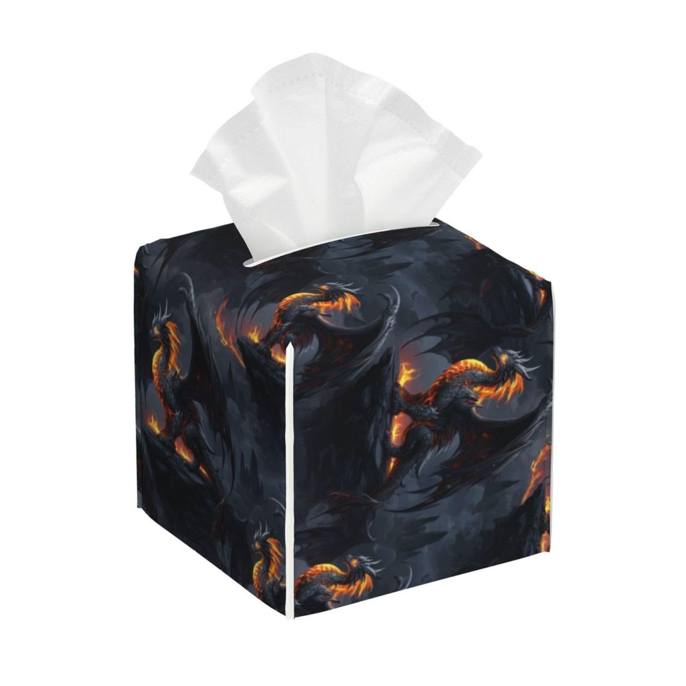 Square PVC Leather Tissue Box, Cool Fire Mountain Dragon A Print