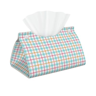 Leather Tissue Box Cover, Modern Blue and White Plaid