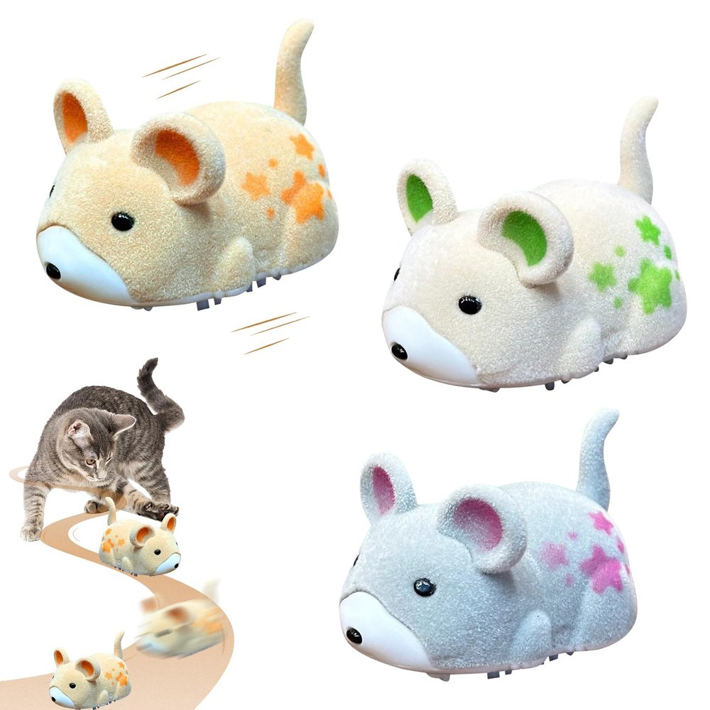 Kaezuy Electric Self-Propelled Mouse Cat Toy, Interactive, Obstacle Avoidance, with Base Brush (3-Piece)