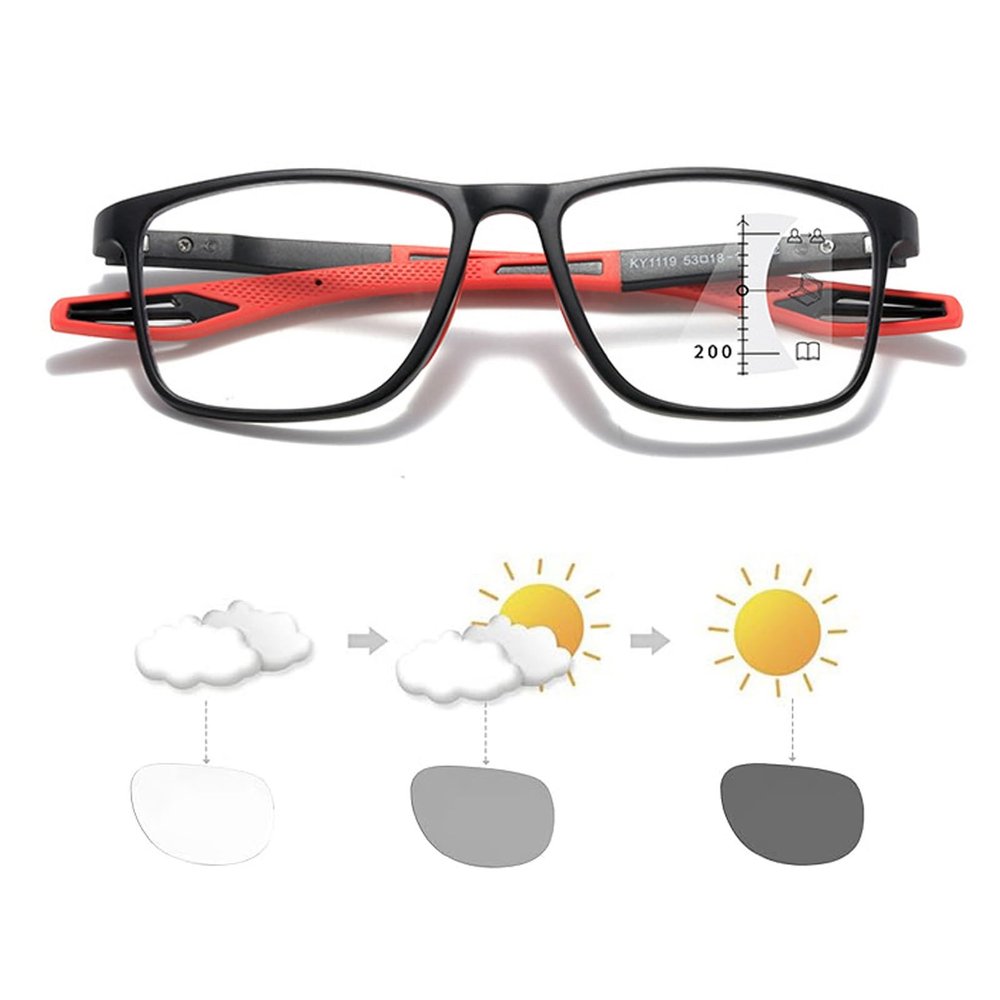 Progressive Multifocal Photochromic Reading Glasses, TR90, Black/Red, +3.0