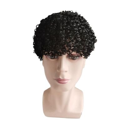 Men’s Afro Curly Human Hair System, Full French Lace Hairpiece, Jet Black