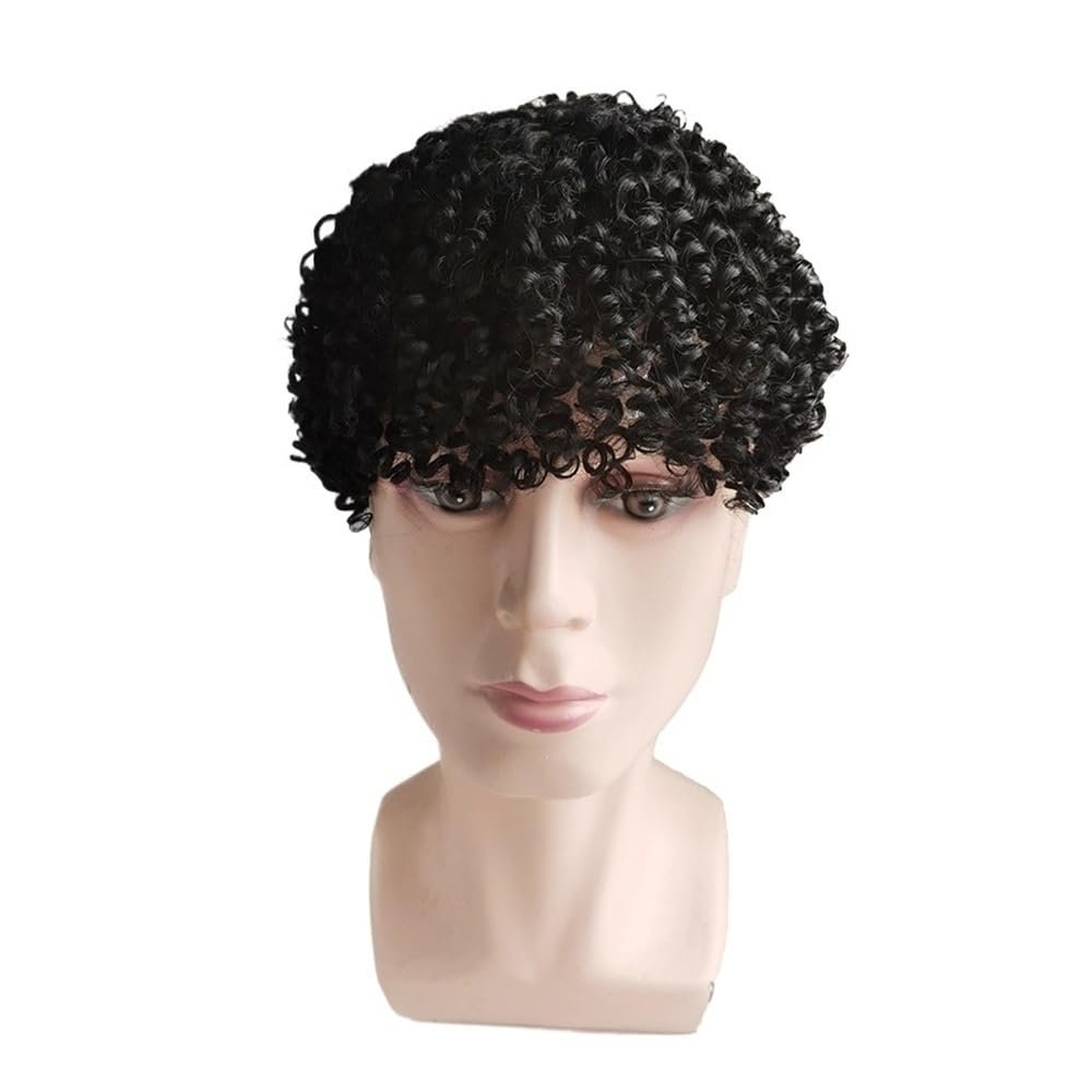 Men’s Afro Curly Human Hair System, Full French Lace Hairpiece, Jet Black