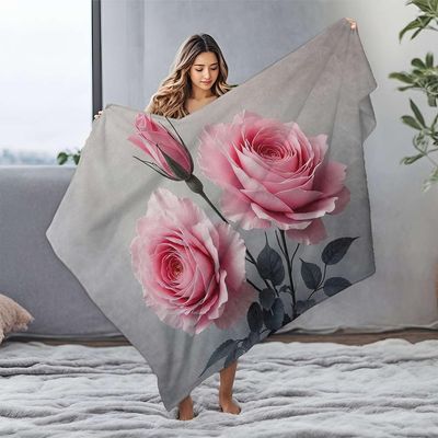 CDSS Queen-Size Blanket, Three Pink Roses in Bloom, Flannel Baby Blanket, Personalized (49.2 x 59.1 in)