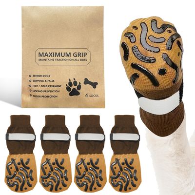 4-Piece Anti-Slip Dog Socks with Adjustable Straps, Paw Protection for Older Dogs, Brown, XL