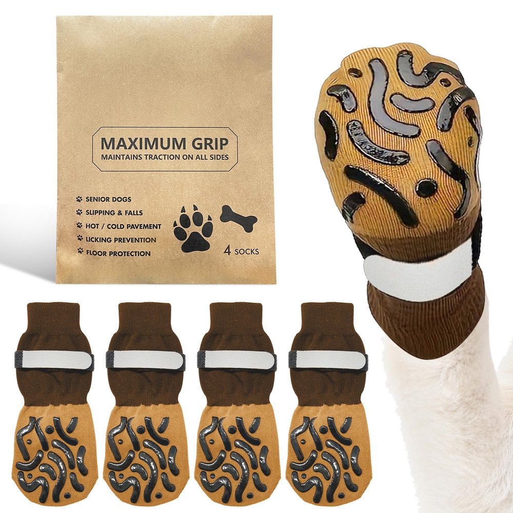 4-Piece Anti-Slip Dog Socks with Adjustable Straps, Paw Protection for Older Dogs, Brown, XL