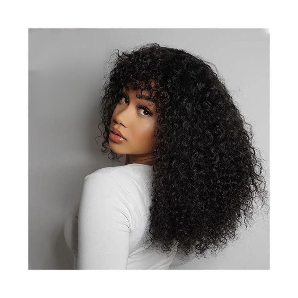 HLHLOP777 100% Human Hair Wavy Bob Wig with Bangs, 12 in