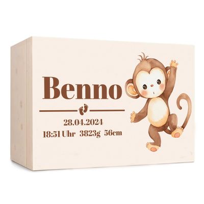 FeierZwerge Personalized Baby Keepsake Box, Wooden, 30 x 20 x 14 cm, Monkey