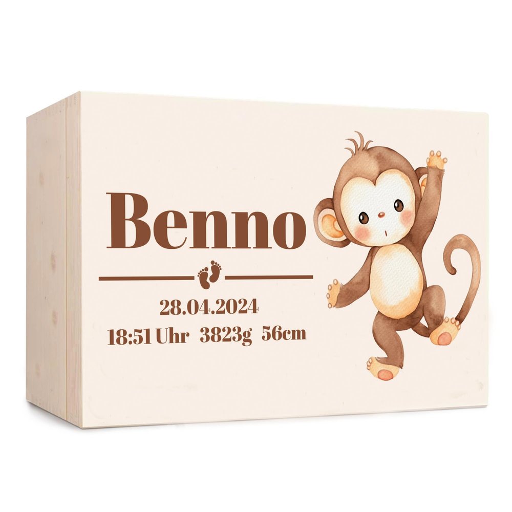 FeierZwerge Personalized Baby Keepsake Box, Wooden, 30 x 20 x 14 cm, Monkey