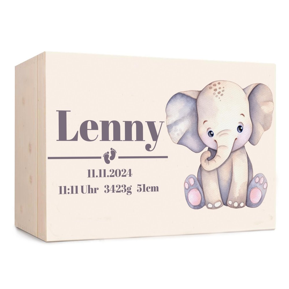 FeierZwerge Baby Memory Box – Personalized Wooden Keepsake Box, 30 x 20 x 14 cm, Elephant