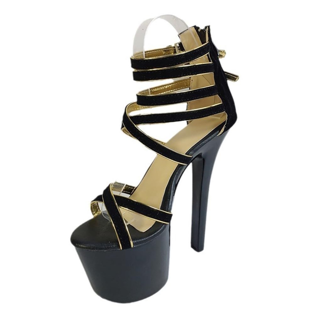 WOkismD Women's 6.69-Inch Ankle Cross-Strap Platform Stiletto Sandals, Black, EU 37