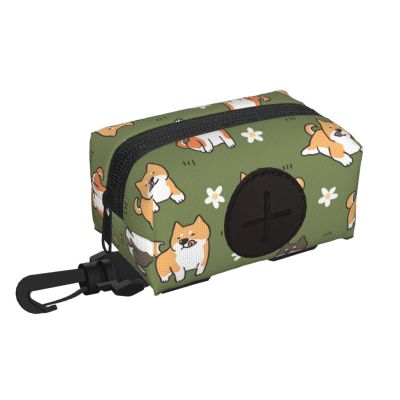 Shiba Inu Flower Pattern Dog Waste Bag Holder, Green Background
