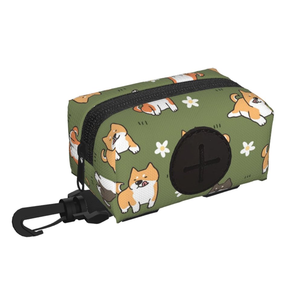 Shiba Inu Flower Pattern Dog Waste Bag Holder, Green Background