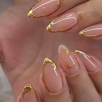 Ceboic 24-Piece Almond Press-On Nails, Medium-Length Nude Pink with French Gold Tips