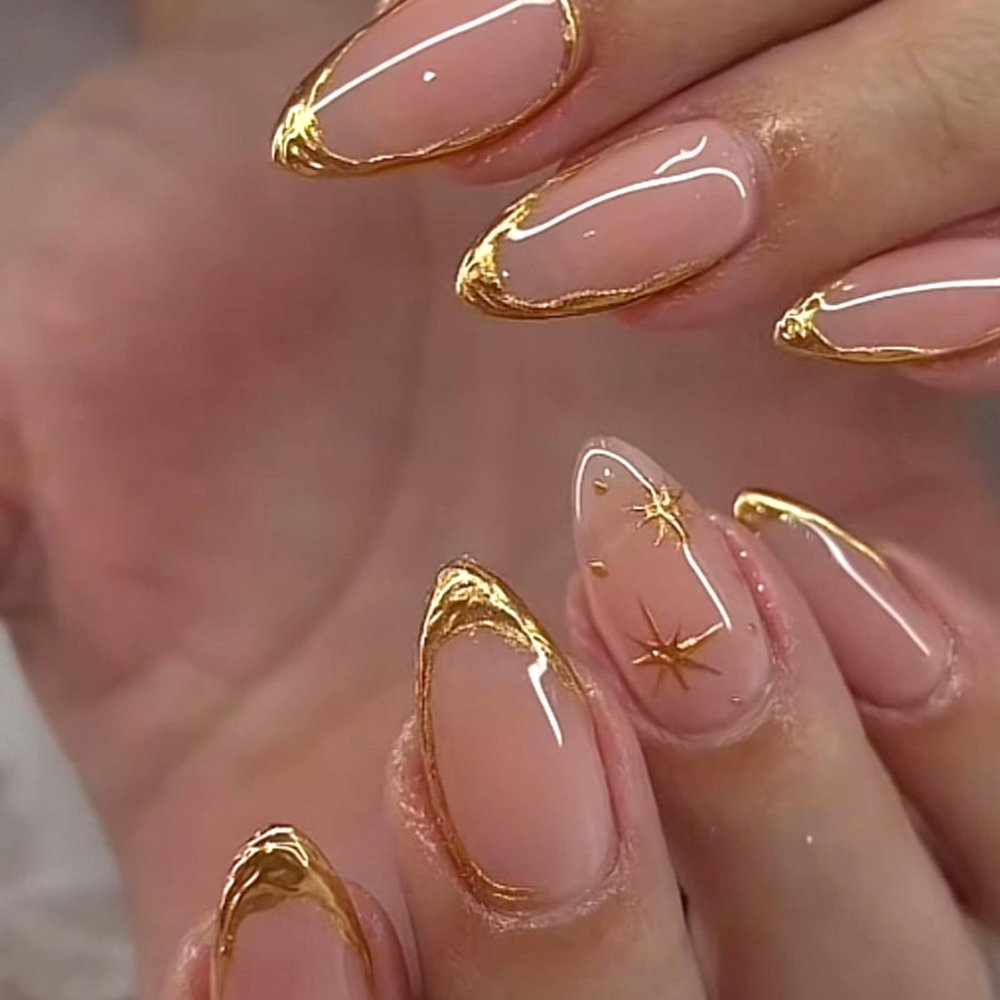 Ceboic 24-Piece Almond Press-On Nails, Medium-Length Nude Pink with French Gold Tips